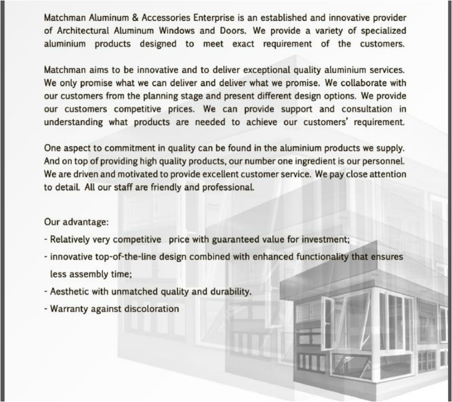 About Us - Matchman Aluminum and Accessories Enterprise